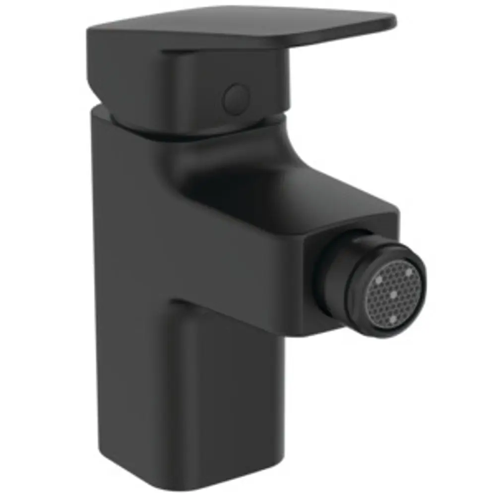 Bidetarmatur von Ideal Standard in Schwarz, mit schlichtem Design und seitlichem Hebel zur Temperatur- und Durchflusssteuerung. Der Auslass ist runder und mit einem Sprudler ausgestattet.